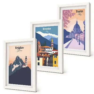 Photo frame wall gallery set featuring colorful mountain and retro architecture illustrations