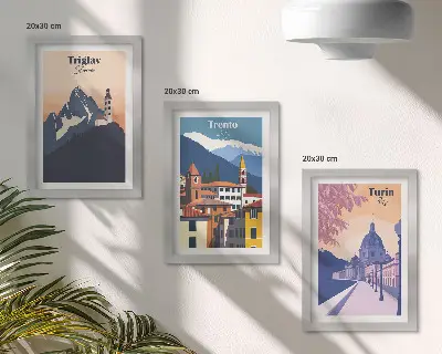 Photo frame wall gallery set featuring colorful mountain and retro architecture illustrations