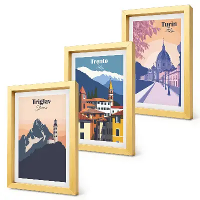Photo frame wall gallery set featuring colorful mountain and retro architecture illustrations