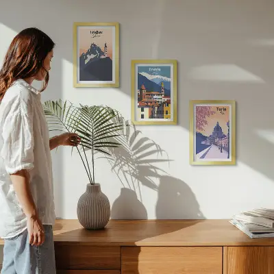 Photo frame wall gallery set featuring colorful mountain and retro architecture illustrations