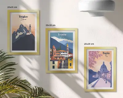 Photo frame wall Mountains and retro architecture colorful illustrations