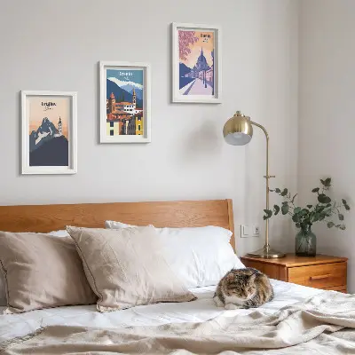 Photo frame wall gallery set featuring colorful mountain and retro architecture illustrations