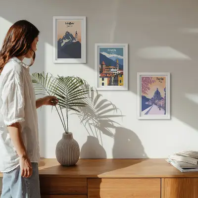 Photo frame wall Mountains and retro architecture colorful illustrations