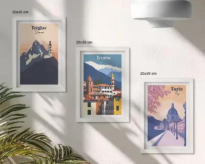 Photo frame wall gallery set featuring colorful mountain and retro architecture illustrations