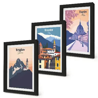 Photo frame wall gallery set featuring colorful mountain and retro architecture illustrations