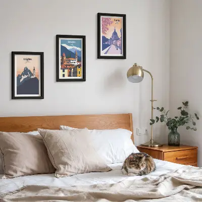 Photo frame wall gallery set featuring colorful mountain and retro architecture illustrations