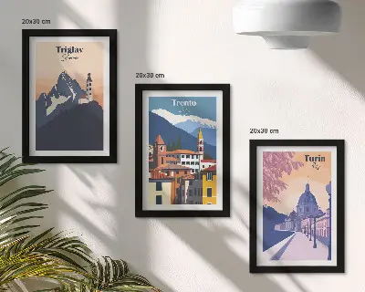 Photo frame wall Mountains and retro architecture colorful illustrations
