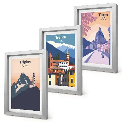 Photo frame wall gallery set featuring colorful mountain and retro architecture illustrations