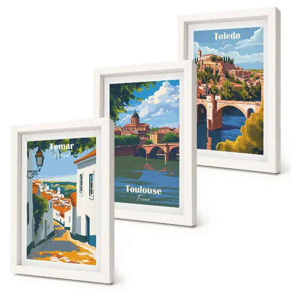 Framed city skyline triptych retro style graphic art set