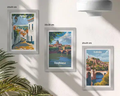 Framed city skyline triptych retro style graphic art set