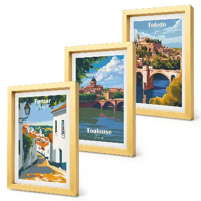 Framed city skyline triptych retro style graphic art set