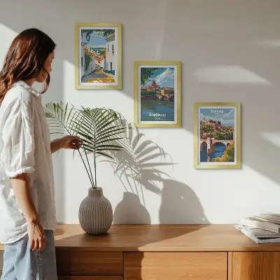 Framed city skyline triptych retro style graphic art set
