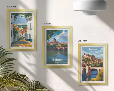 Framed city skyline triptych retro style graphic art set