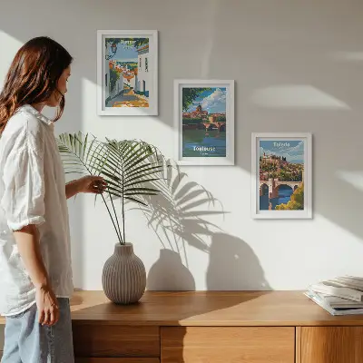 Framed city skyline triptych retro style graphic art set