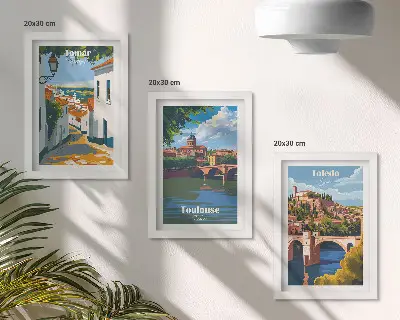 Framed city skyline triptych retro style graphic art set