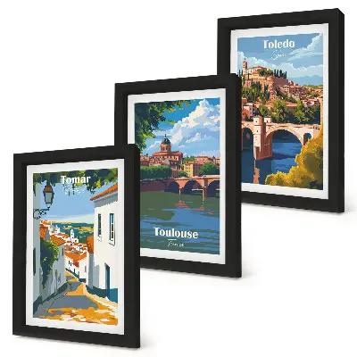 Framed city skyline triptych retro style graphic art set