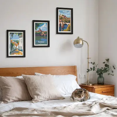 Framed city skyline triptych retro style graphic art set
