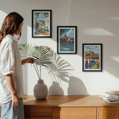 Framed city skyline triptych retro style graphic art set