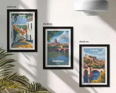 Framed city skyline triptych retro style graphic art set
