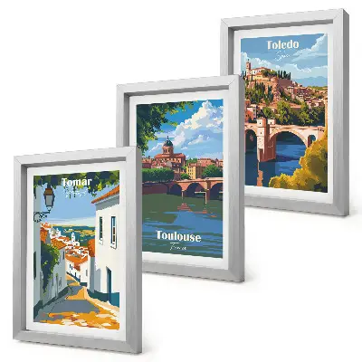 Framed city skyline triptych retro style graphic art set