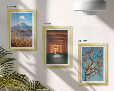Photo frame wall gallery Japanese landscapes featuring nature and architecture of Asia