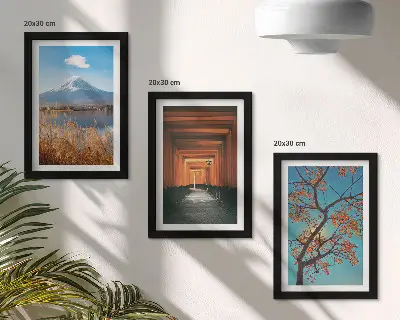 Photo frame wall gallery Japanese landscapes featuring nature and architecture of Asia