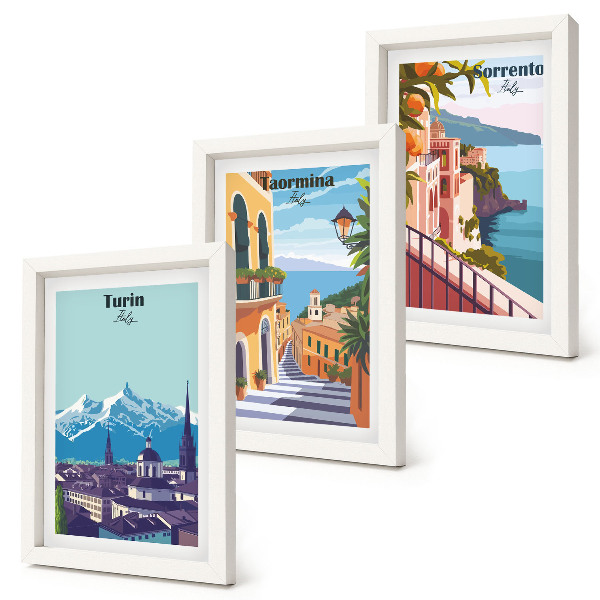 Framed triptych Colorful, retro-style illustrative cityscapes