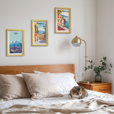 Framed triptych Colorful, retro-style illustrative cityscapes