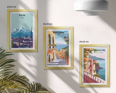 Framed triptych Colorful, retro-style illustrative cityscapes