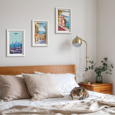 Framed triptych Colorful, retro-style illustrative cityscapes