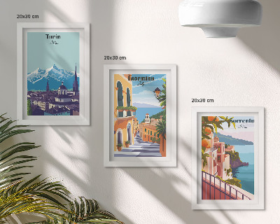 Framed triptych Colorful, retro-style illustrative cityscapes