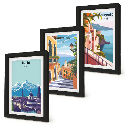 Framed triptych Colorful, retro-style illustrative cityscapes