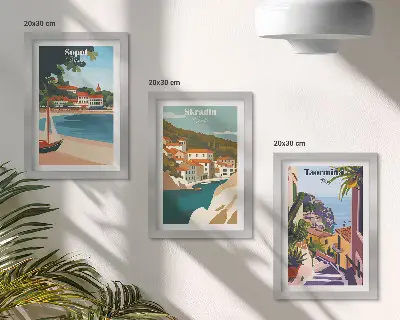 Photo frame wall gallery set coastal city landscape illustrations