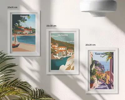 Photo frame wall gallery set coastal city landscape illustrations