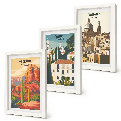 Retro cityscapes of Sedona, Sintra, and Valletta framed triptych wall art