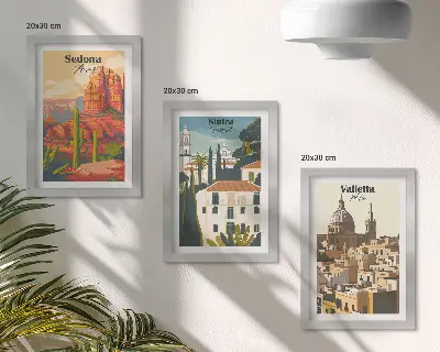 Retro cityscapes of Sedona, Sintra, and Valletta framed triptych wall art