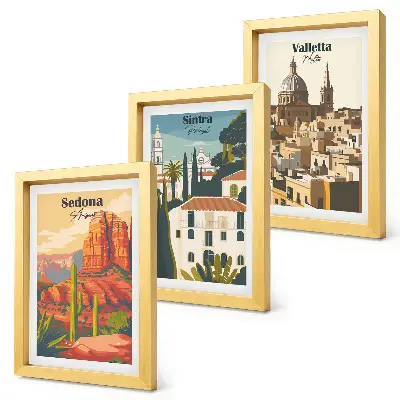 Retro cityscapes of Sedona, Sintra, and Valletta framed triptych wall art