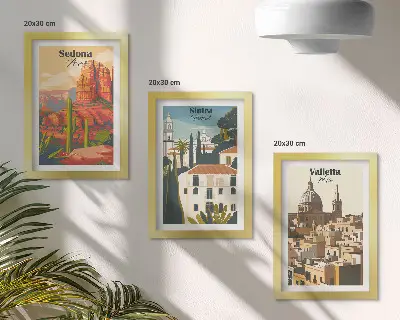 Framed triptych Retro cityscapes of Sedona Sintra Valletta