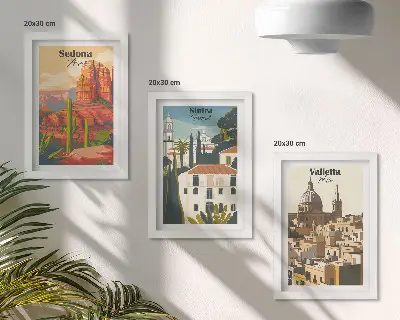 Retro cityscapes of Sedona, Sintra, and Valletta framed triptych wall art