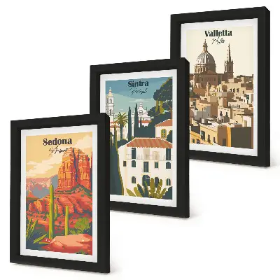 Framed triptych Retro cityscapes of Sedona Sintra Valletta