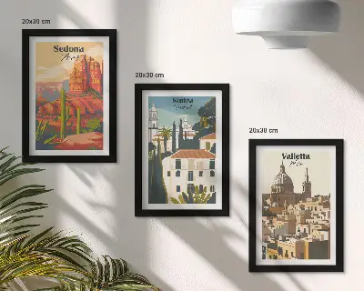 Framed triptych Retro cityscapes of Sedona Sintra Valletta
