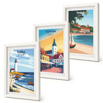 Photo frame gallery wall with views of Polish cities including Ustka Tarnow and Sopot