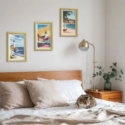 Photo frame gallery wall with views of Polish cities including Ustka Tarnow and Sopot