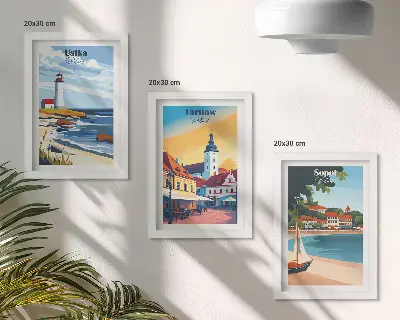 Photo frame gallery wall with views of Polish cities including Ustka Tarnow and Sopot