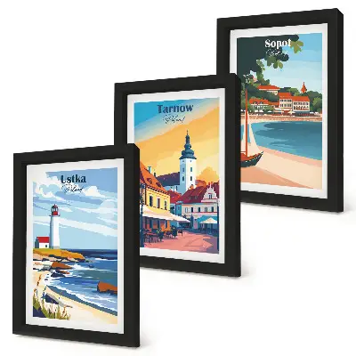 Photo frame gallery wall with views of Polish cities including Ustka Tarnow and Sopot