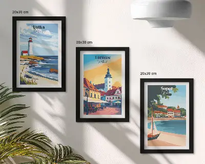 Photo frame gallery wall with views of Polish cities including Ustka Tarnow and Sopot