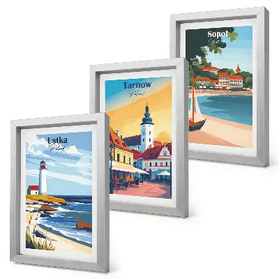 Photo frame gallery wall with views of Polish cities including Ustka Tarnow and Sopot