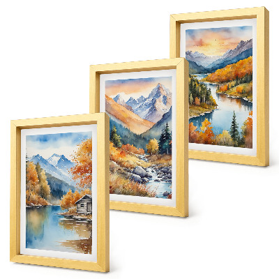 Framed triptych Mountain landscape with a river and autumn trees