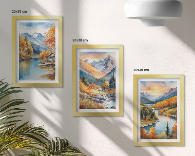 Framed triptych Mountain landscape with a river and autumn trees