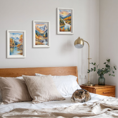 Framed triptych Mountain landscape with a river and autumn trees